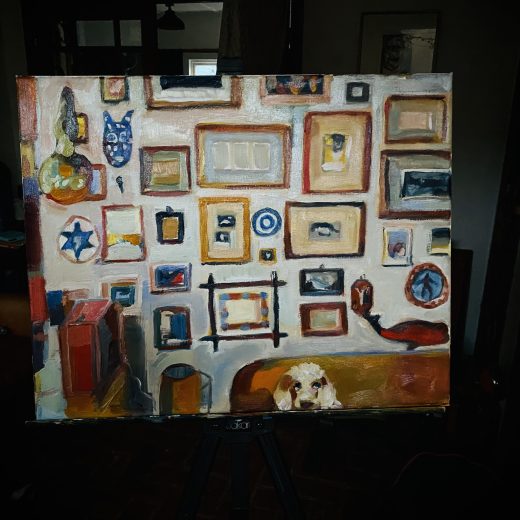 The collectors display wall and dog